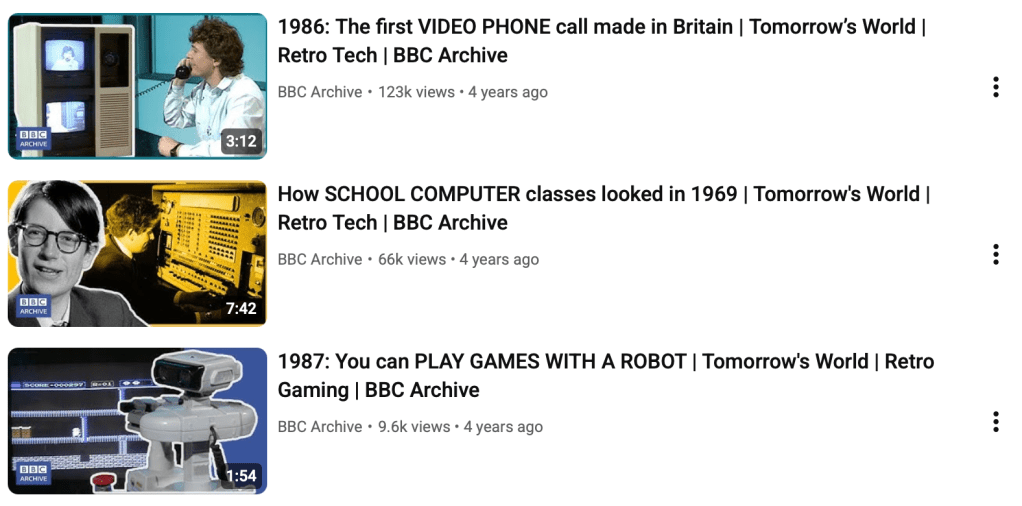 Thumbnails from the Tomorrow's World playlist on the BBC Archive on YouTube